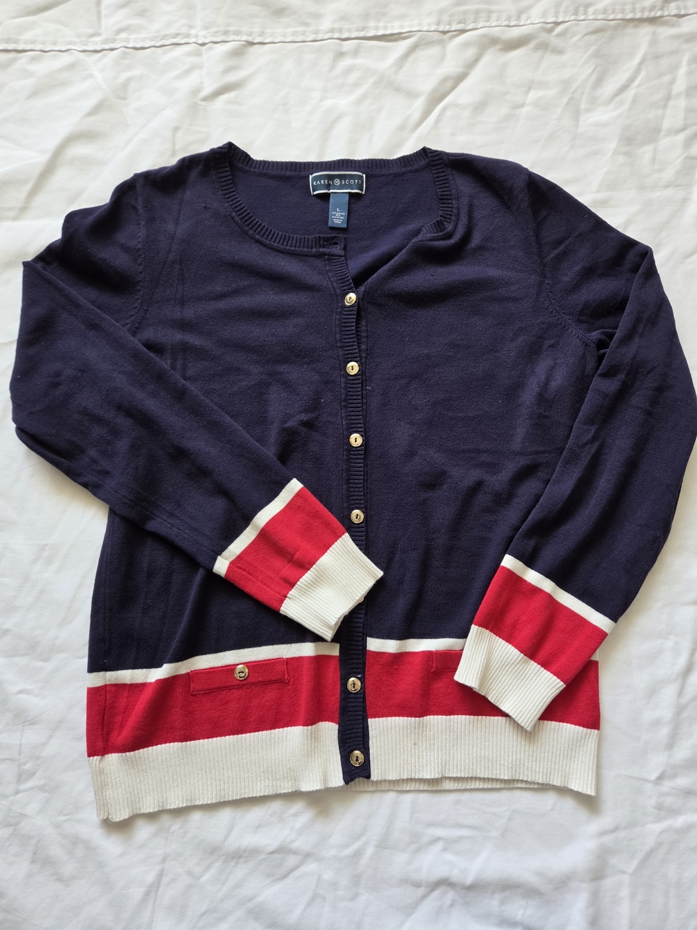 KAREN SCOTT Navy Cardigan with Red and Cream Trim